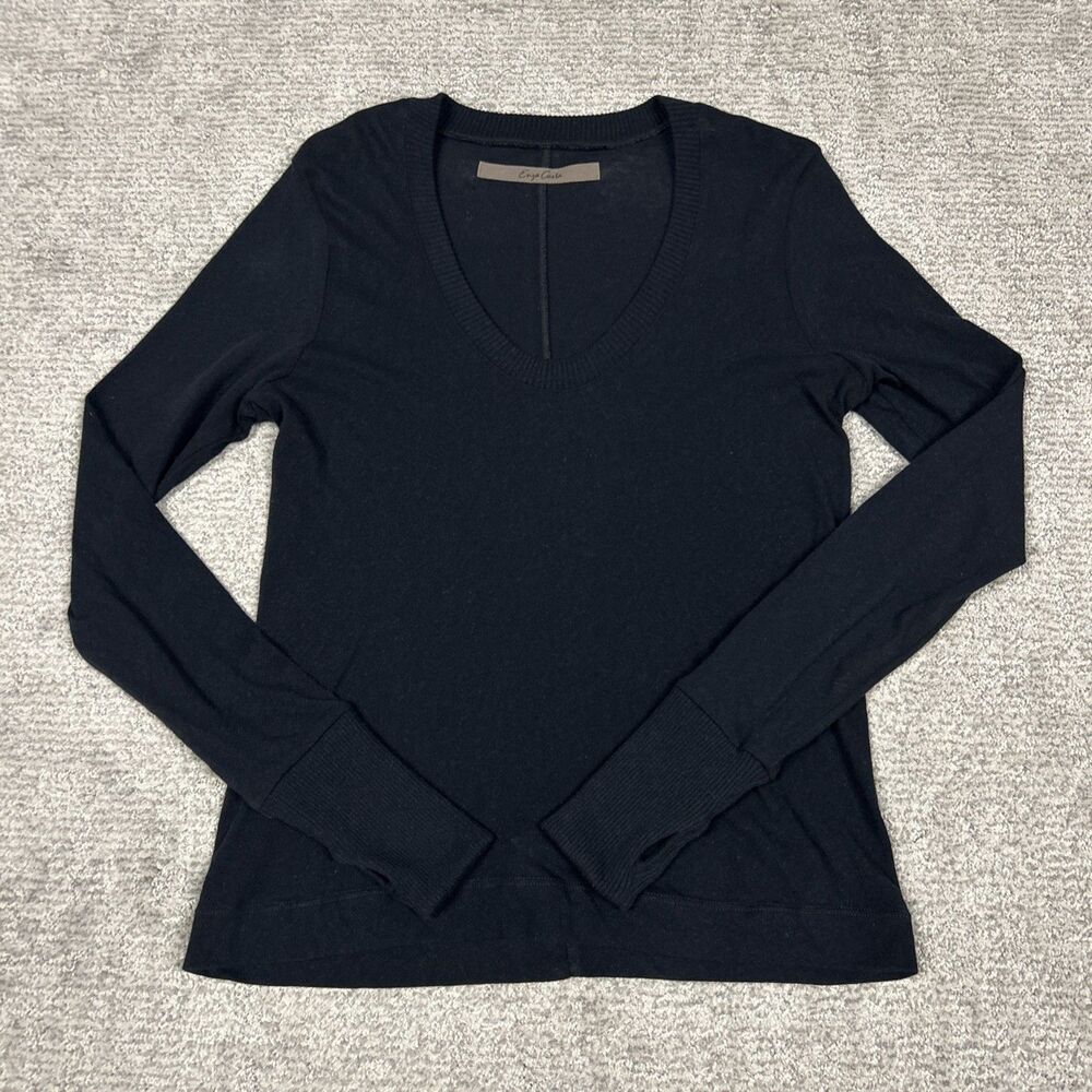 Enza Costa Shirt Womens Large Cotton Cashmere Top Black Thumbholes USA